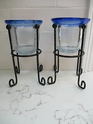 $49.99 • Buy Pair Of VTG Hand Blown Crackle Art Glass CANDLE HOLDERS VASES In Metal STANDS