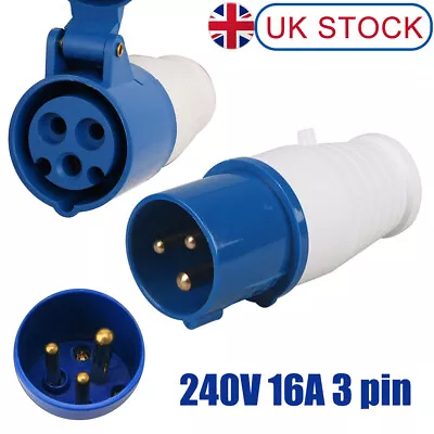 240v 16a 3 Pin Blue Site Industrial Plugs & Sockets Male/female Ip44 2p + Earth • £7.09