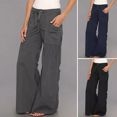 ZANZEA Womens Drawstring Waist Trousers Casual Loose Wide Leg Cargo Long Pants • $32.38