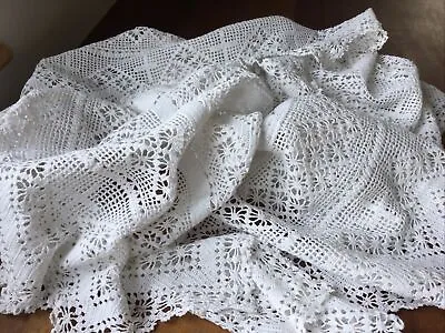 VINTAGE  White Cotton Tablecloth With Deep Crotchet Lace Edging 52” X 45” • £15