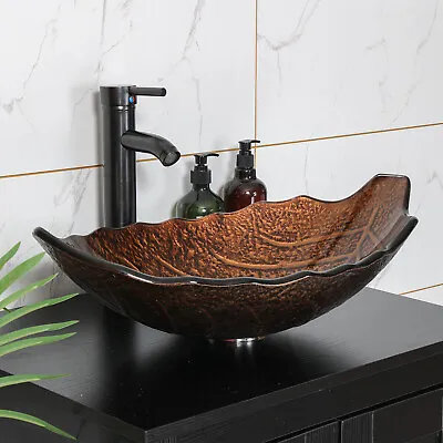 £59.99 • Buy Bathroom Tempered Glass Countertop Basin Sink Leaf-Shape Wash Bowl Tap Waste Set