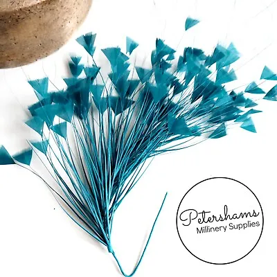 Triangle Tipped Stripped Coque & Burnt Peacock Feather Wired Millinery Mount • £13
