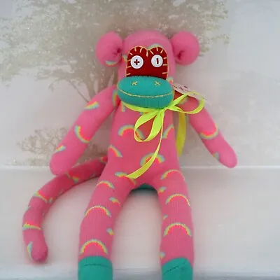 £14.99 • Buy Handmade Sock Monkey UK - Wiggle - Adorable Shelf Sitter Decor - Pink Rainbows
