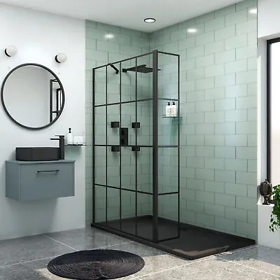 Walk In Wet Room Shower Screen Enclosure Matt Black Grid Flipper Glass Panel • £324.99