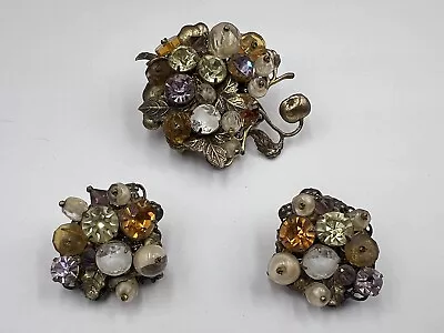 Vintage Golden Miriam Haskell Rhinestone Beads Brooch Earrings Set • $12.75