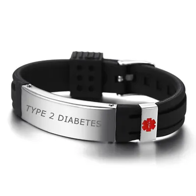 Emergency Medical Alert Bracelet Plate Silicone Armband Engraved TYPE 2 DIABETES • $9.99