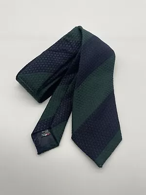 Italian Handmade Silk/Wool Grenadine Striped Tie In Navy/Green • $57.61