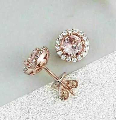 2.00Ct Round Lab Created Peach Morganite Halo Stud Earrings 14K Rose Gold Plated • $73.19