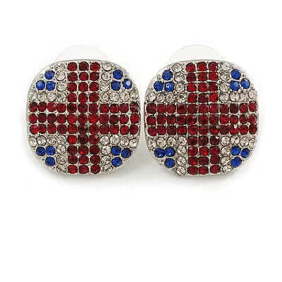 Union Jack Red/Blue/Clear Crystal Square Stud Earrings In Silver Tone - 20mm • £16.90