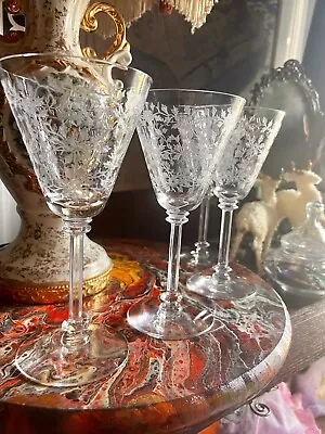 Set Of 4 Vintage Fostoria Crystal Etched  Floral Stemmed Wine Glasses • $38