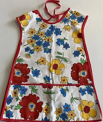 Authentic Vtg 60’s/70’s Full Cover Smock Apron Red Blue Yellow Flowers On White • $18.99