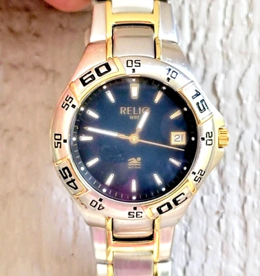 $12.99 • Buy Relic Men's Watch, New Battery, Blue Dial, Two-Tone Band, Date, Rotating Bezel