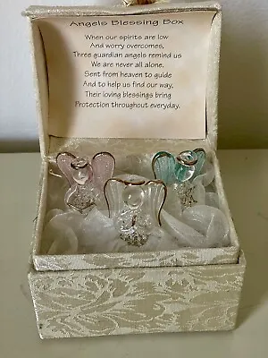 Guardian Glass 3 Angels Blessings Box Poem Gift Music Fleur DeLis Fabric Box • $18.95