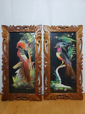 $48 • Buy Pair Of Vintage Mexican Feathercraft Aztec Bird Art Handcarved Cedar Frames 13 