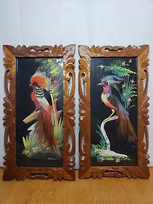 $48 • Buy Pair Of Vintage Mexican Feathercraft Aztec Bird Art Handcarved Cedar Frames 13 