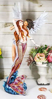 Large Goddess Mermaid Embracing With Heavenly Winged Angel By The Ocean Statue • $132.99