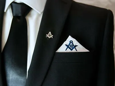 Masonic White Pocket Square With Navy Blue Embroidered Freemasons Square C & G • $8.63