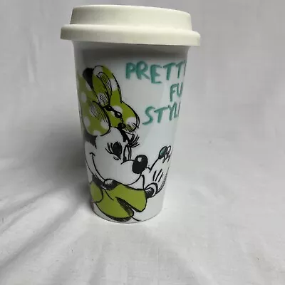 Disney Minnie Mouse Ceramic Travel Coffee Mug With Lid 6” Tall Pretty Fun Style • $18.99