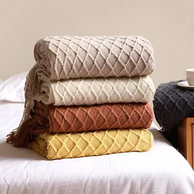 Knitted Throw Blanket With Tassels Soft Warm Farmhouse For Bed Couch Chair Sofa • £18.41