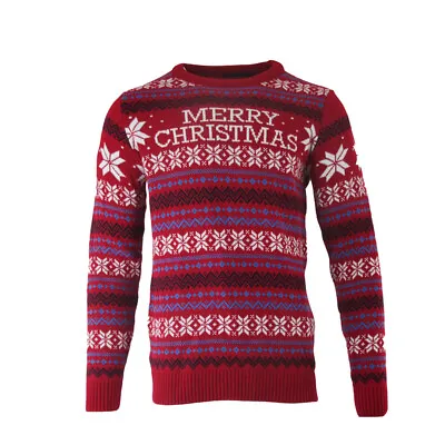 Christmas Merry Christmas Jumper Sweater Pattern Knitted Snowflakes Red S-XXL • $21.39