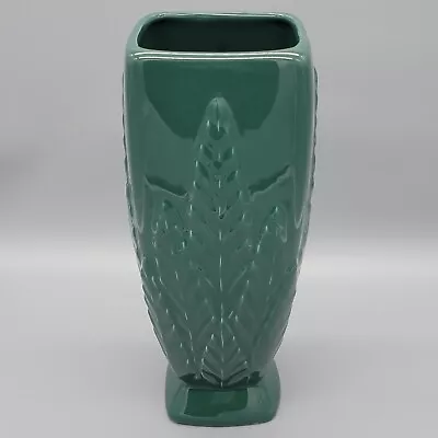 Vintage 1997 Haeger Pottery 12  Tall Dark Green Embossed Leaves Vase Square • $29.99