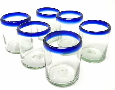 Hand Blown Mexican Drinking Glasses – Set Of 6 Tumbler Glasses With Cobalt... • $47.99