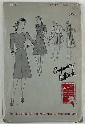 Vtg OOP Butterick Sewing Pattern 8814 30s Dresses Sz 18 36  Bust Unprinted WWII • $29.95