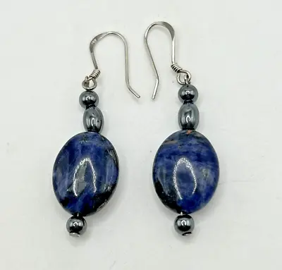 Vintage Dark Blue Lapis Lazuli Sterling Silver Dangle Drop Earrings 1.75  • $30