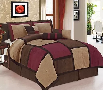 7 Pc Burgundy Brown & Beige Micro Suede Patchwork Twin Queen King  Comforter Set • $96