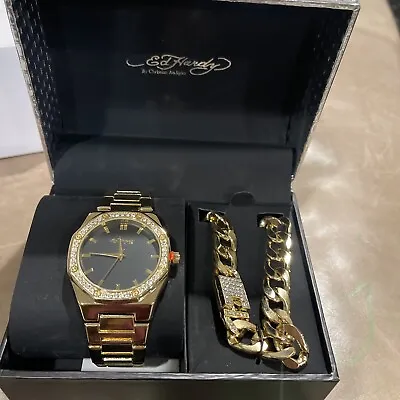 Ed Hardy Men's Shiny Gold Metal Cuban Neck Chain Bracelet Watch 42mm Gift Set • $40