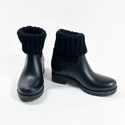 MONCLER Black Rubber Rainboots With Fold Over Sweater Knit Ankle Warmer 36 JSC • $225