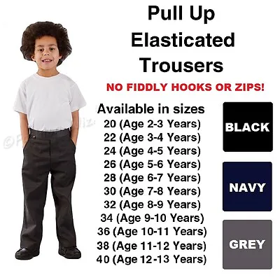 £4.95 • Buy Age 1-13 Boys Pull Up School Trousers Black Grey Navy Teflon Elasticated Back