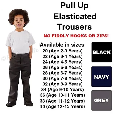 Boys Pull Up School Trousers NO ZIPS Black Grey Navy Elasticated Ages 1-13 • £6.95