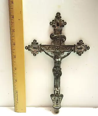 Vintage Metal Detailed Religious Crucifix 9  Cross INRI Jesus W/Post On Base • $14.99