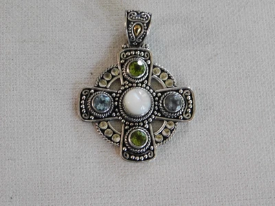$56.25 • Buy Sterling Silver 18k BA Blue Topaz Green Peridot Maltese Cross Pendant Indonesia 