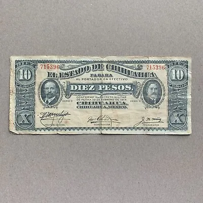 Mexican Chihuahua 1914 10 Pesos Banknote Mexico Currency WW2 Era Paper Money • $19.95