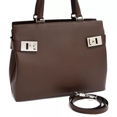 Auth Salvatore Ferragamo Gancini 2 Way Shoulder Bag Hand Bag Brown Leather S4f8 • $354.72