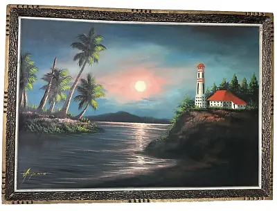 Vintage Painting Sunset Seaside Lighthouse Seascape Tropical Coastal Landscape • £515.74