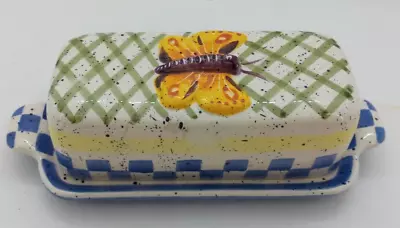 Julie Veland Butterfly Ceramic Covered Butter Dish Majolica VGC • $29