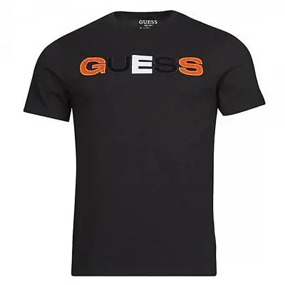 GUESS Men's T Shirt MBRI25K9RM4 FRONT Logo  Embroidered Black Orange • £34.99