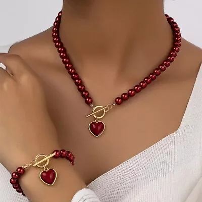 Heart-Shaped Imitation Pearl Jewelry Set Elegant Necklace & Bracelet For Women • $11.50