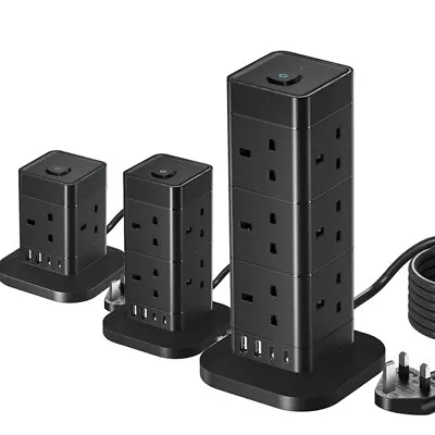 4/8/12 Way Tower Extension Lead With USB Slots Power Strip With Surge Protection • £20.99