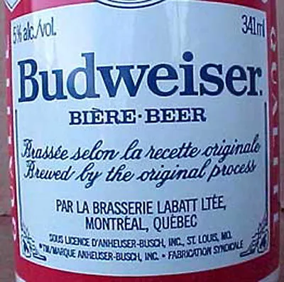 BUDWEISER BIERE-BEER 341ml CAN La Brasserie Labatt Ltee Quebec CANADA 1980s 1/1+ • $4.25