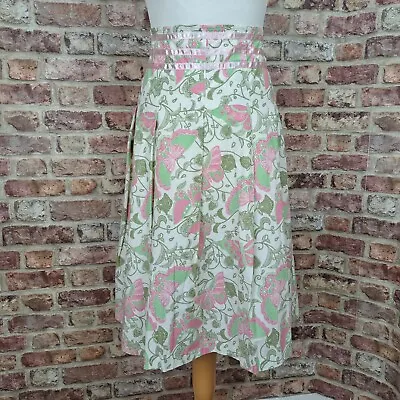 Chilli Pepper Skirt UK 16 Green Pink Floral Knee Length Flare 100% Cotton • £10