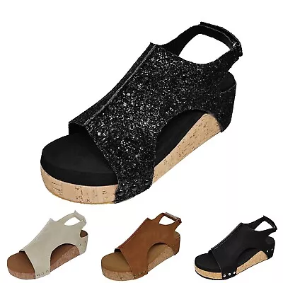 Summer Women Sandals 6.5 7 8 8.5 9 Solid Hook Loop Casual Open Toe Wedges Shoes • $17.88