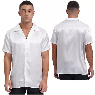 Mens Satin Shiny Dress Shirt Short Sleeve Casual Loose Party Shirts Disco Club • £22.67