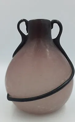 Unusual Satin Crackle Glass Vase Twin Handles Purple Ribbon Trails 16cm • £34