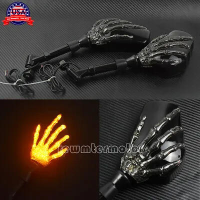 Motorcycle 8mm 10mm Skull Hand Side Rearview Mirrors Turn Signal Fit For Harley • $68.99