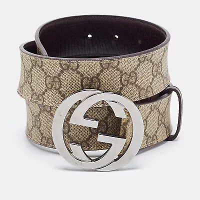 Gucci Beige/Brown GG Supreme Canvas And Leather Interlocking G Buckle Belt 95CM • $392.70