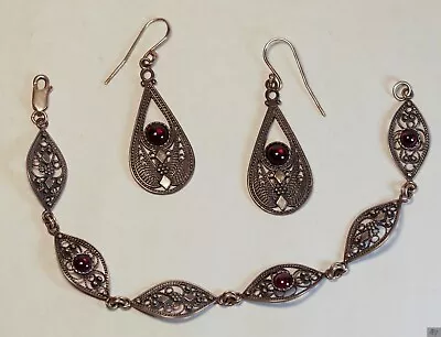 Vintage Israel Artisan Filagree Sterling Bracelet & Earrings Set Shepard's Hooks • $50